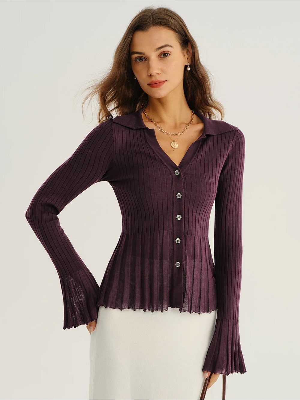 Rihoas Purple Button Ribbed Knit Cardigan